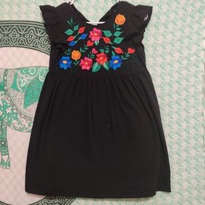 Short Black Dress Floral Embroidered